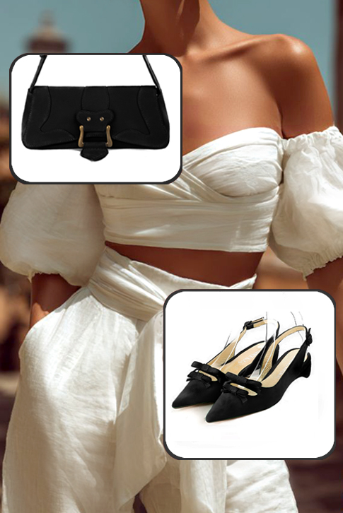 Women's matt black elegant slingback heels, with a bow on the front. Pointed toe. Low kitten heels - Worn view